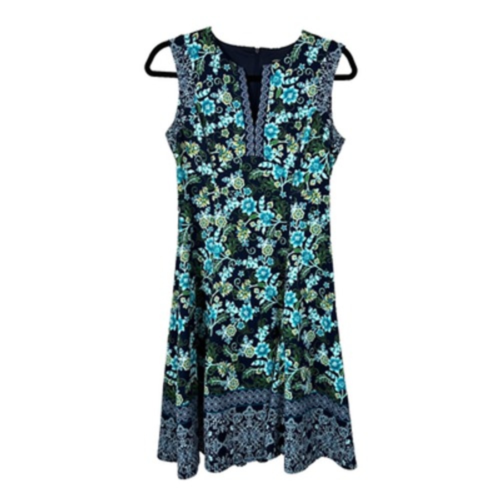 MAGGY LONDON Dress Womens‎ 4 Blue Green Floral Print V-Neck Sleeveless Back Zip